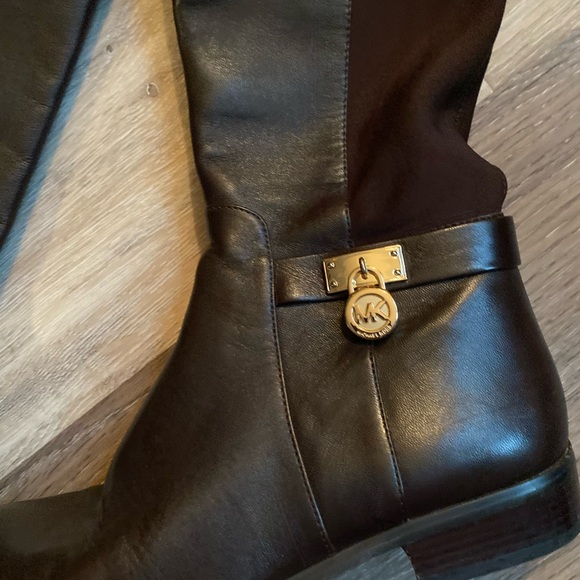 Michael Kors Hamilton Stretch Dark Brown Leather Riding Boots with Gold Accents - Picture 3 of 7